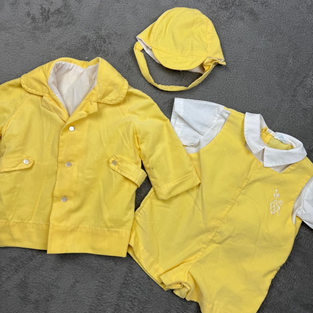Nannette Vintage Corduroy Set Kids Yellow Good 3pc Jacket Romper Hat 60s 70s